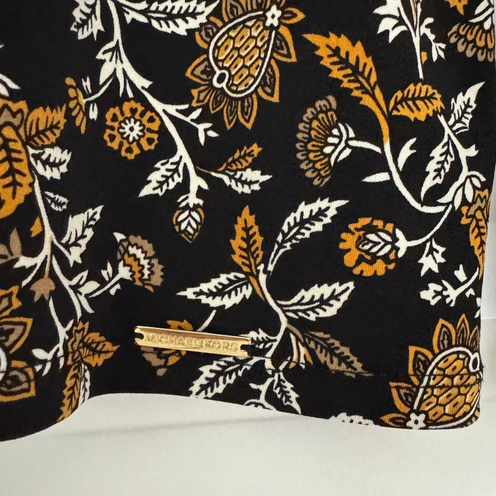 Michael Kors Womens Floral Keyhole Long Sleeve Top Black Gold Paisley L Office